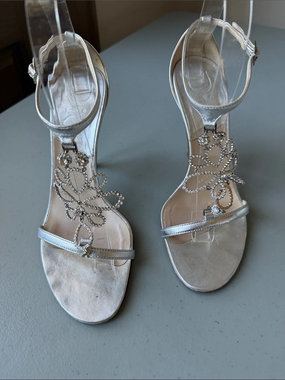 CHRISTIAN DIOR VTG Archival Silver T-Strap Sandal Heels Crystal Motif Size 38 8